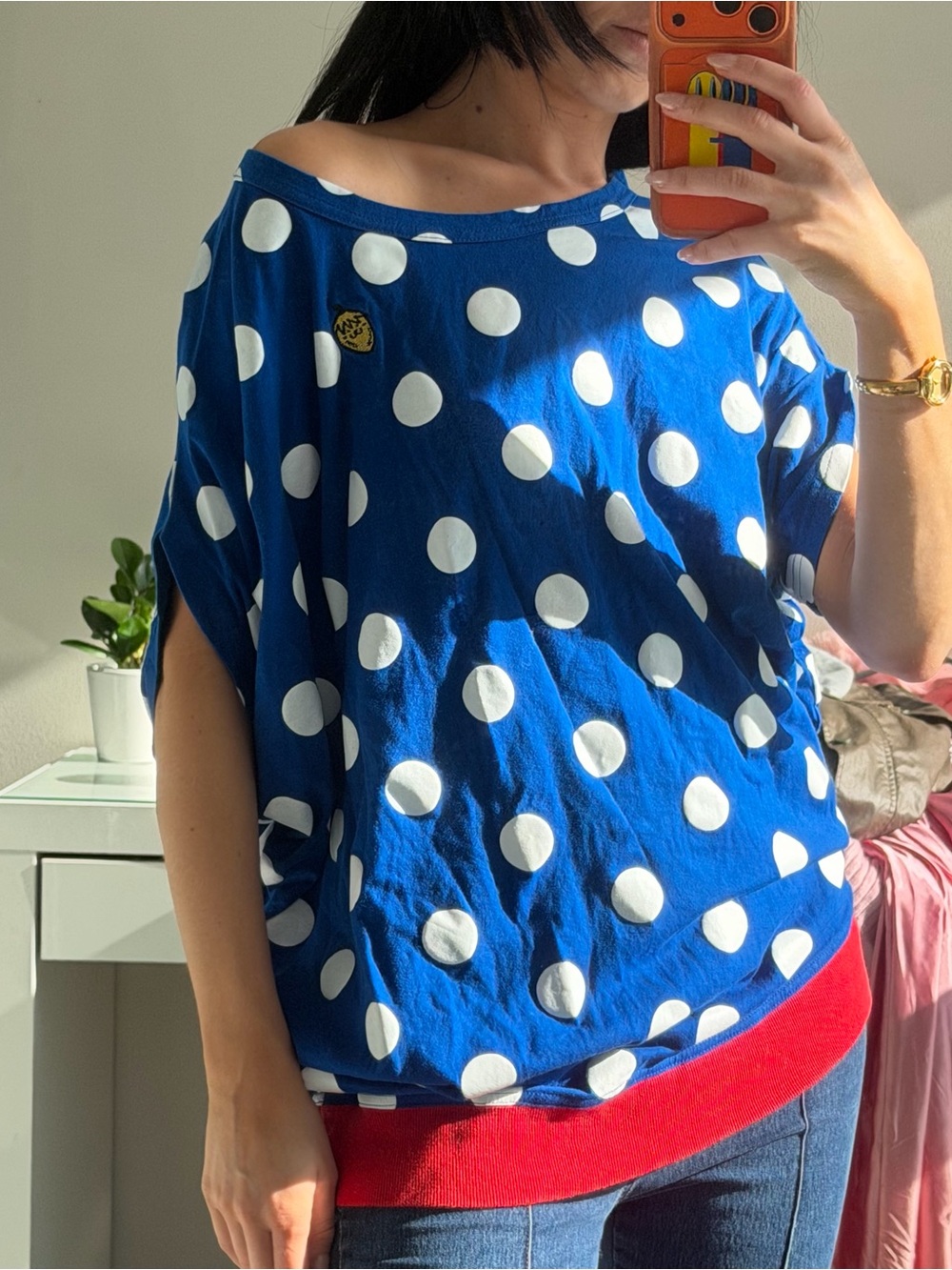 Blue Polka Dot Off-Shoulder Top with Red Hem